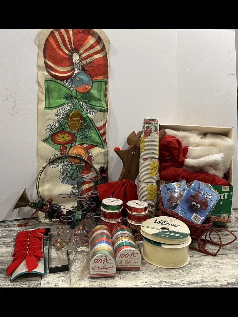 Vintage Christmas Holiday Mix Lot of 27 Decorations Ribbon Santa Suit Reindeer